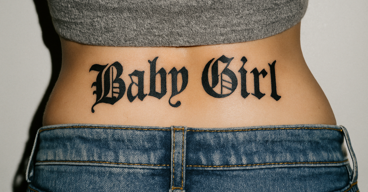 Woman with Tramp Stamp Tattoo that says Baby Girl